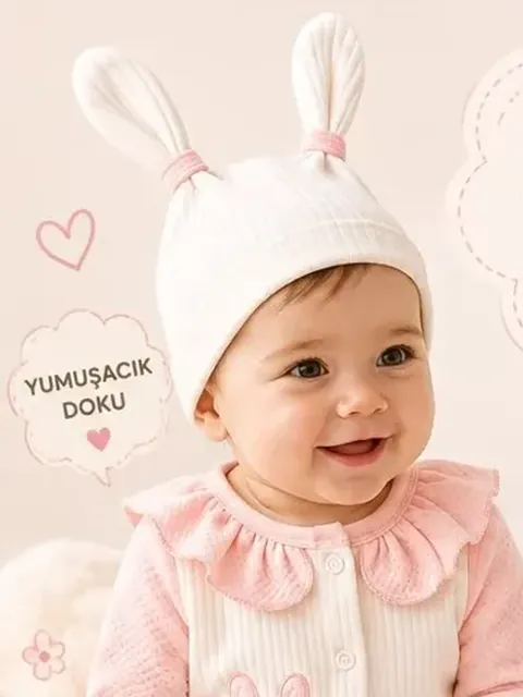 Tavşan kulaklı şapka ve tavşan işlemeli pembe takım giymiş bebek