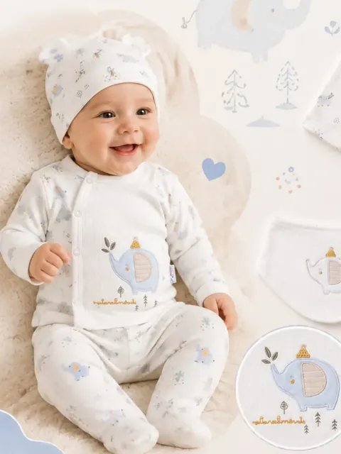 Fil işlemeli beyaz takım giymiş gülümseyen bebek